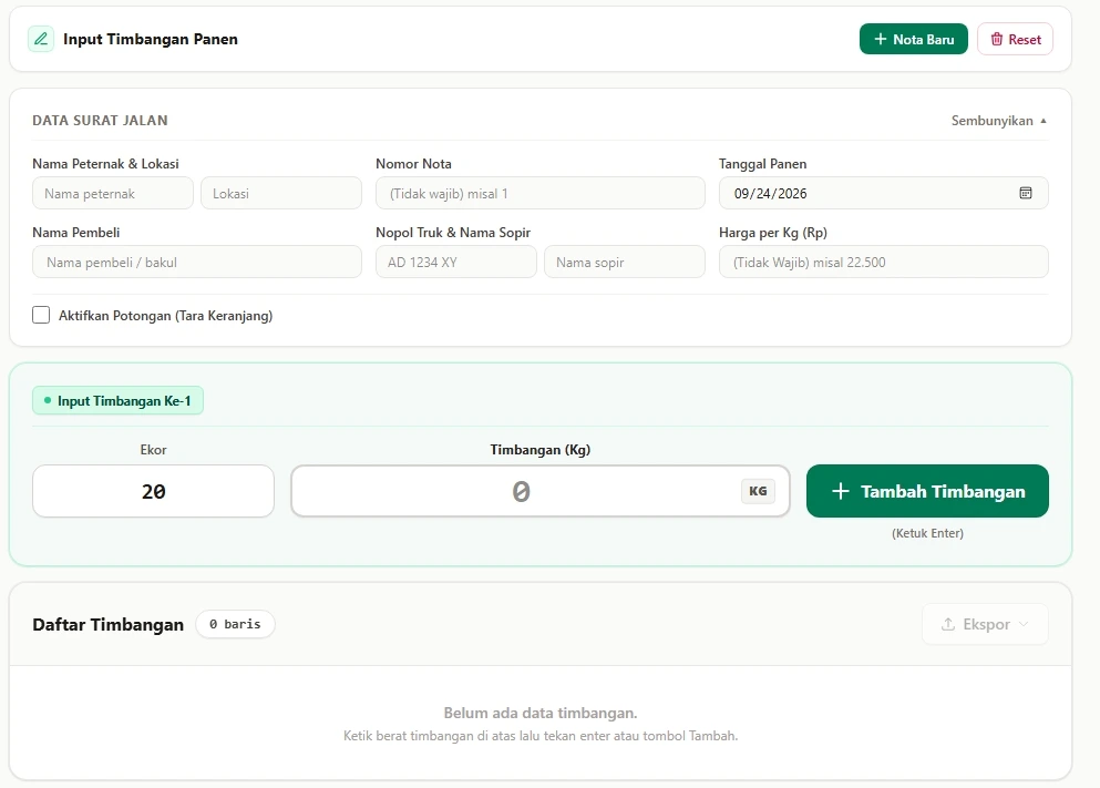 Tampilan Formulir Input Nota Timbang Ayam Broiler Online InfoBroiler